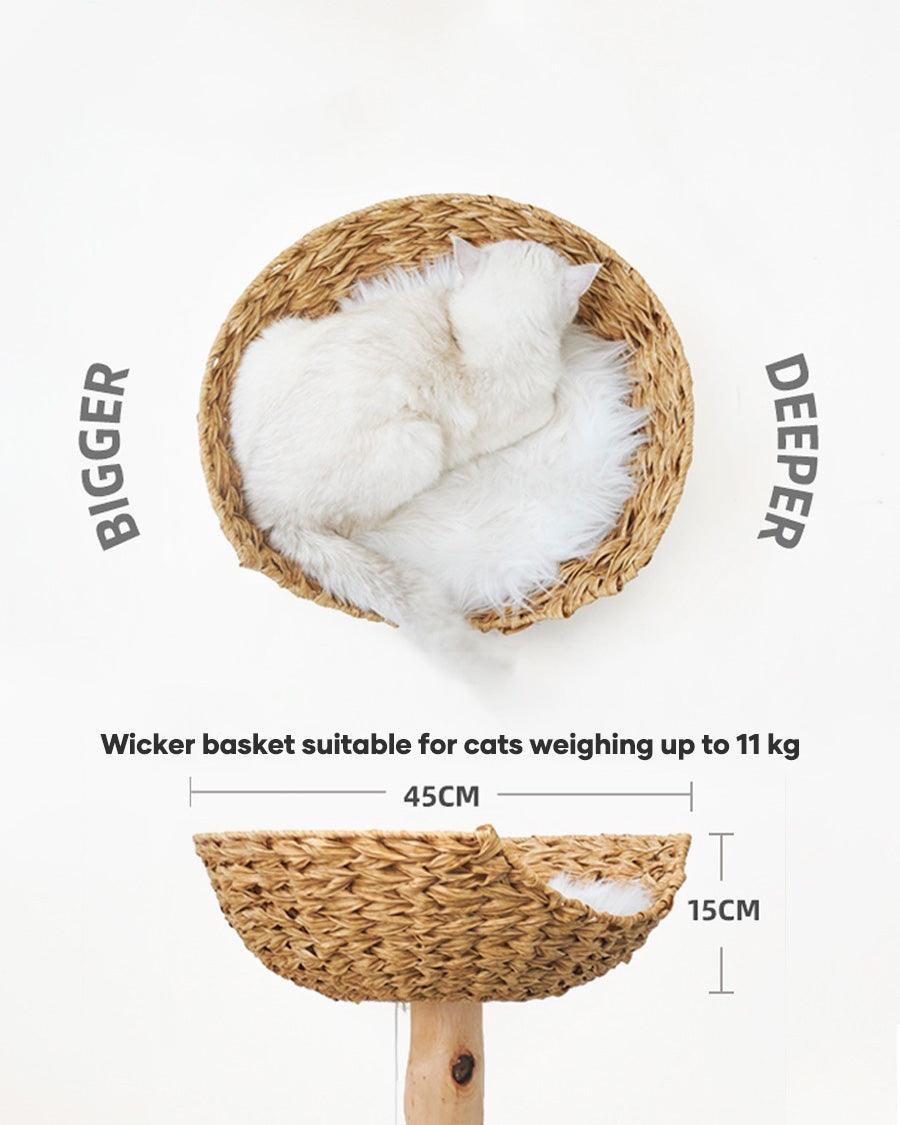 Premium Natural Wood Cat Climbing Tower with Spacious Wicker Nest