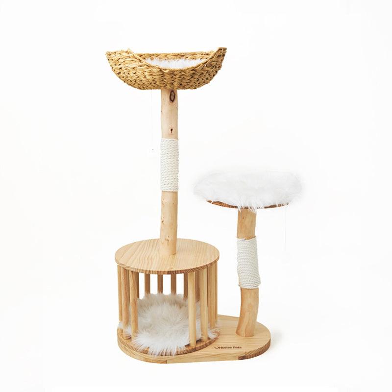 Premium Natural Wood Cat Climbing Tower with Spacious Wicker Nest