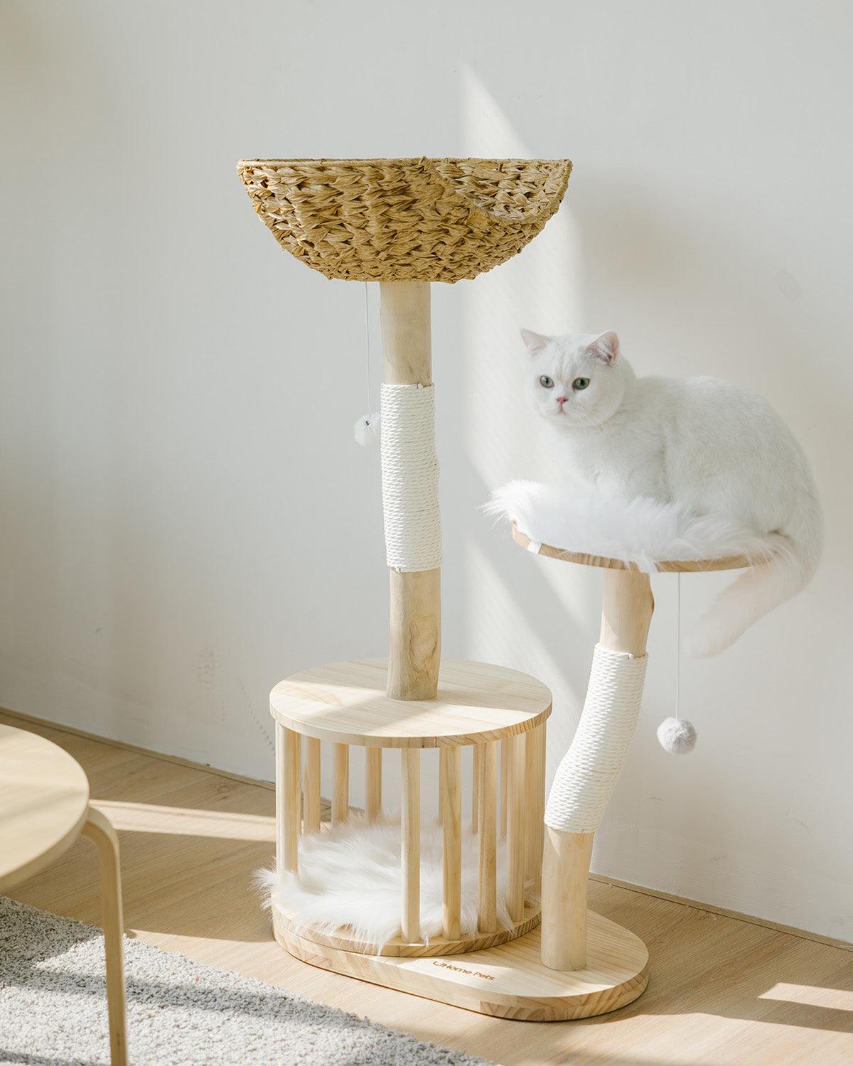 Premium Natural Wood Cat Climbing Tower with Spacious Wicker Nest