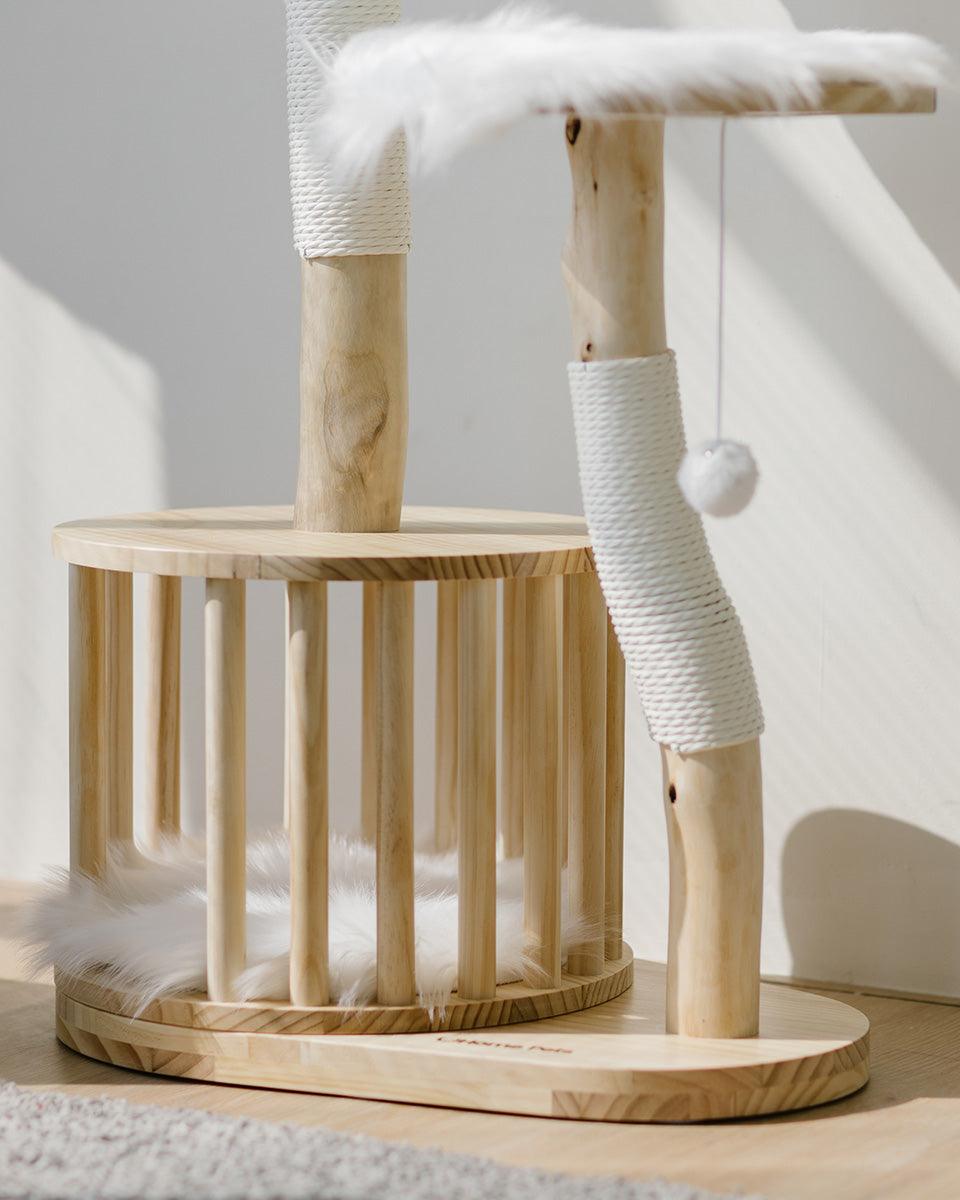 Premium Natural Wood Cat Climbing Tower with Spacious Wicker Nest