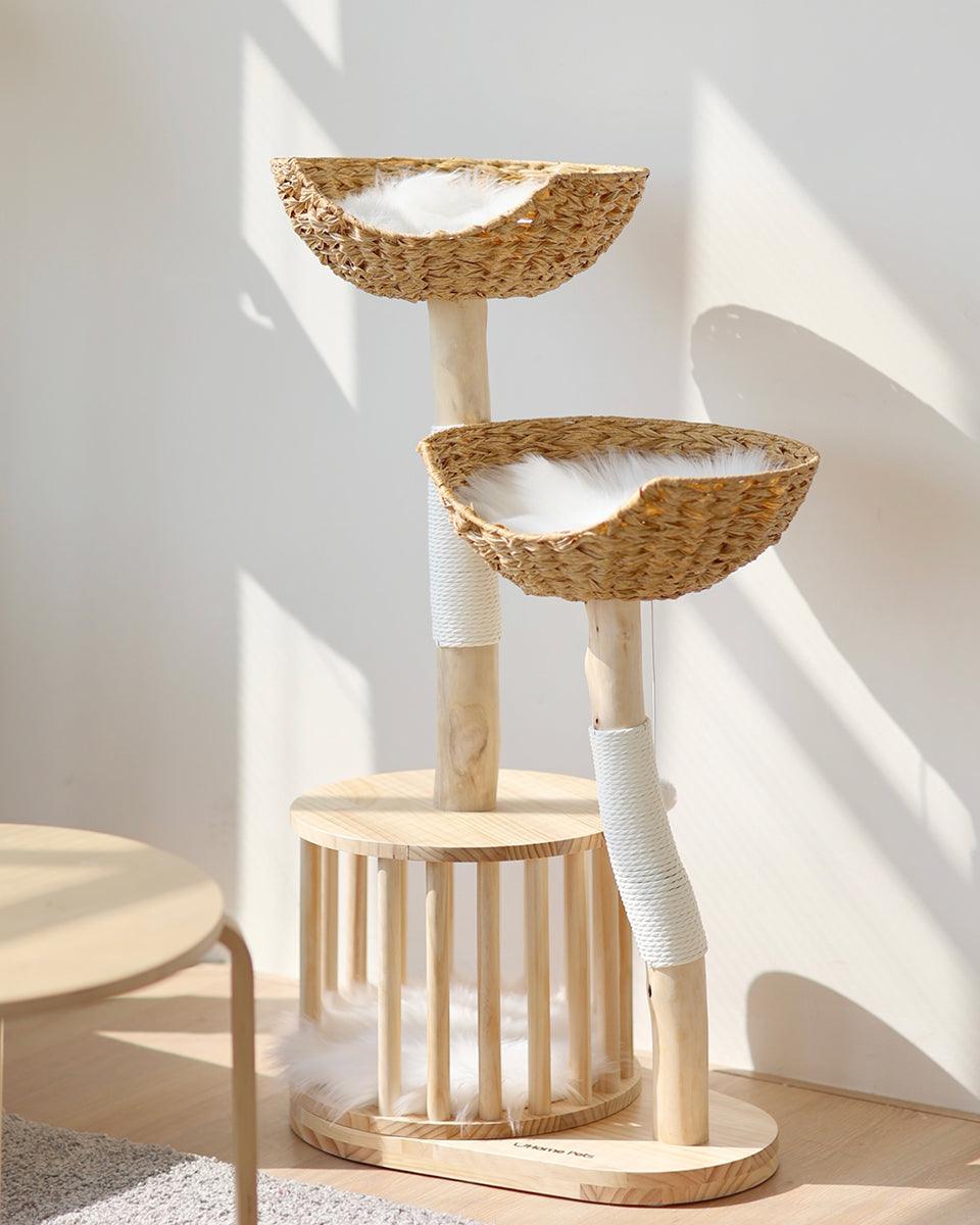 Premium Natural Wood Cat Climbing Tower with Spacious Wicker Nest